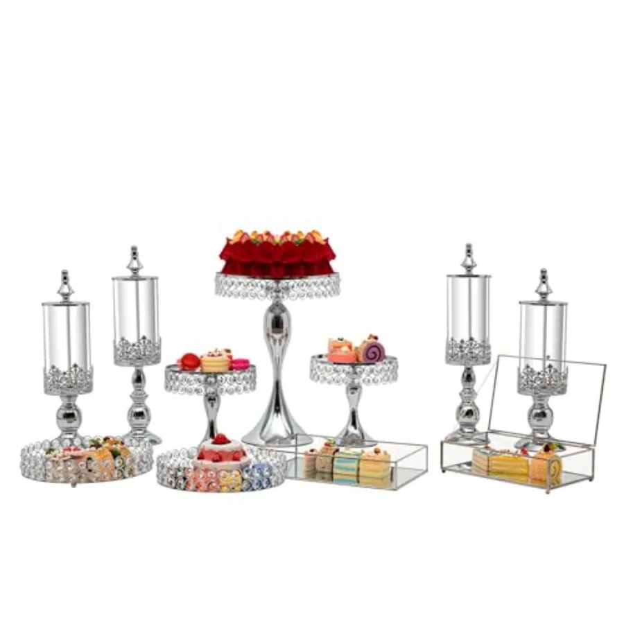 Juego de Soportes para Tartas, Soporte de Cristal para Cupcakes, Exhibidor de Galletas, Frutas y Postres, para Bodas y Fiestas de Cumpleaños (Plateado, 11 Piezas)