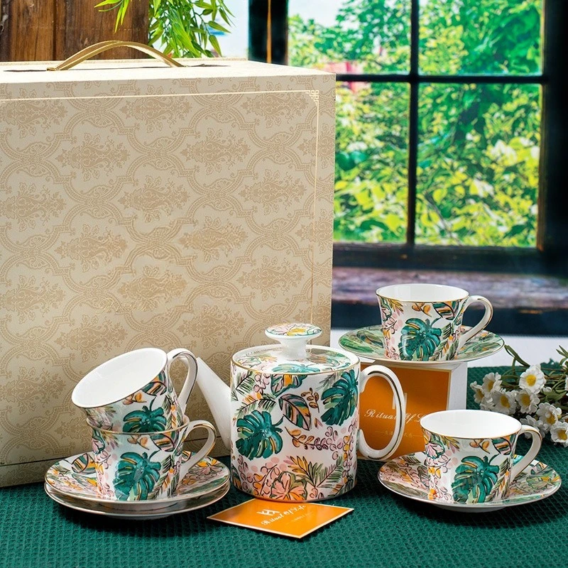 Original ceramic cup, tropical banana leaf coffee cup, premium gift box, mug pair cup set, cup saucer spoon, flower teapot