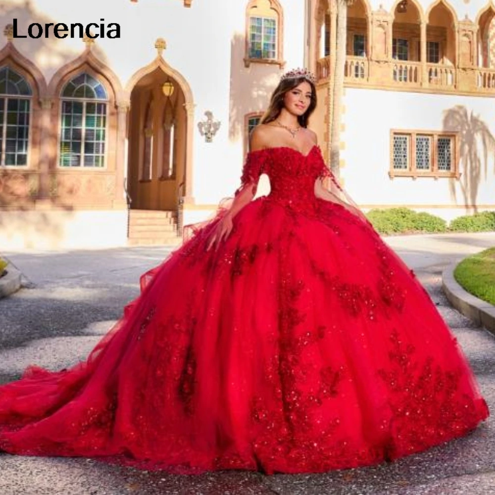 

Lorencia Glitter Red Quinceanera Dress Ball Gown Shiny Lace Applique Beaded With Cape Corset Sweet 16 Vestidos De 15 Años YQD977