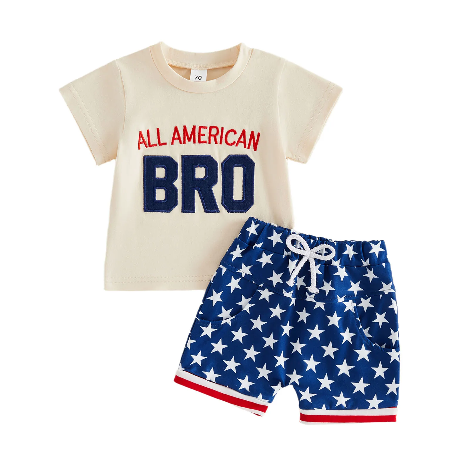 

Наряд на 4-июль для маленького мальчика: футболка с коротким рукавом и вышивкой в виде букв, а также полосатые шорты с звездами, летний комплект из 2 предметов.