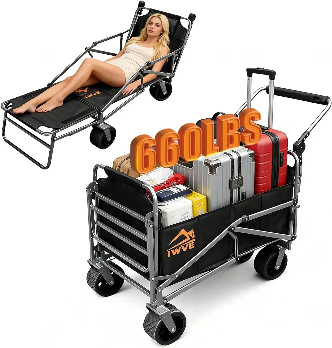 Heavy Duty Folding Wagon Cart 660 lb Capacity, 3-in-1 Collapsible Utility Wagon with Adjustable Handle and All-Terrain Wheels fo