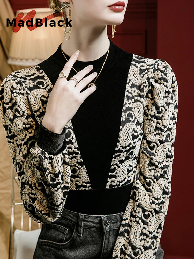 

MadBlack-Women's European Velvet T-Shirt, Sexy Stand Lace Patchwork, Streetwear Long Sleeve Slim S-3XL Tee, 2025 Winter T5D340CC