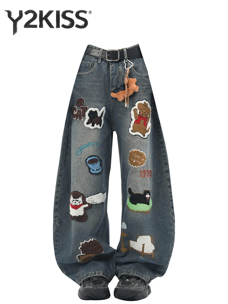 Women's Baggy Jeans Harajuku Cute Core Cartoon Embroidery Denim Pants Wide Fit American Retro Y2K Harajuku Cowboy High Street