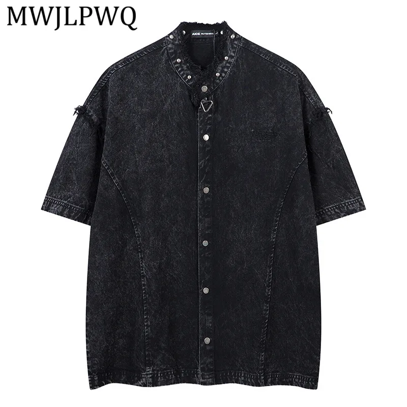 

MWJLPWQ Heavyweigh Rive-Deconsruced Denim Shirts Men Pachwork Disressed Streetwear Short-Sleeve American Loose Design Tops 15782