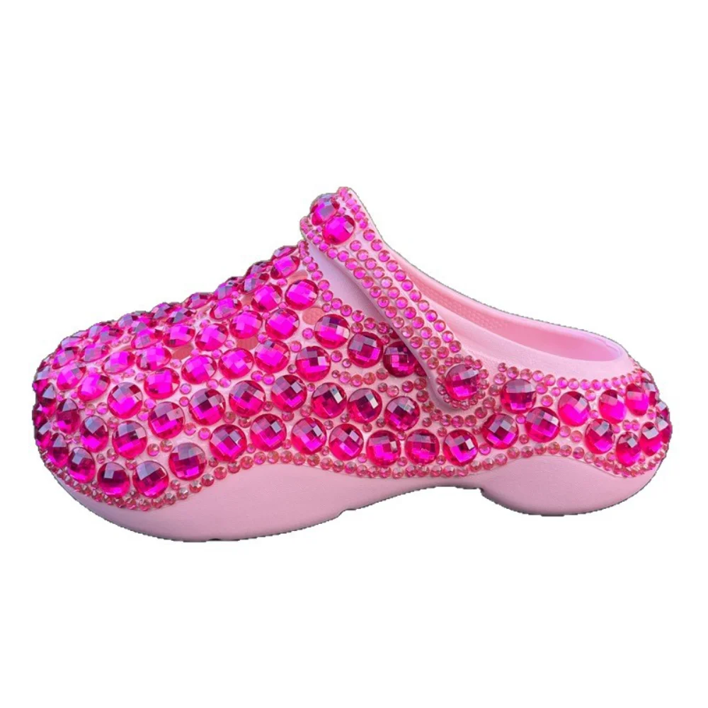 Rose Red Handmade Diamond Women's Shoes Fashionable Diamond-encrusted Thick-soled EVA Hole Shoes High-quality Summer Slippers