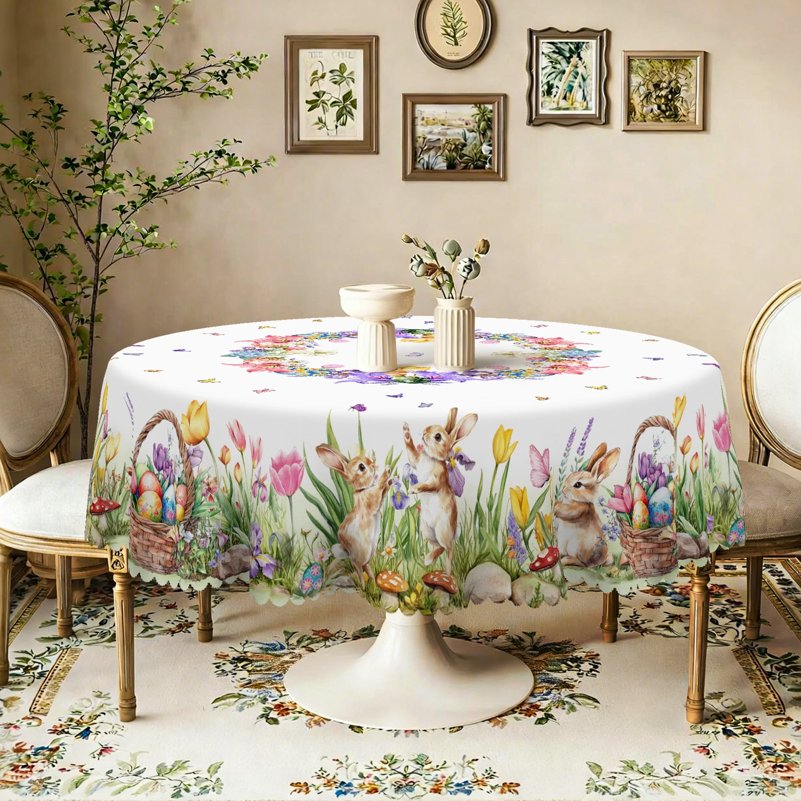 Spring Fairy Tale Themed Tablecloth, Featuring Delicate Daisies, Lilies, Hydrangeas and Other Flowers, Bright Easter Eggs, Mushrooms, Cute Rabbits, Butterfly Prints, Multiple Size Options, Embossed Edges, Waterproof, Wrinkle-Resistant, Fade-Resistant, Perfect Easter Gift for Family and Friends, Rectangular and Round Table Covers, Suitable for Home Kitchens, Rooms, Courtyards, Balconies, Picnics, Cafes, Restaurant Tables E012