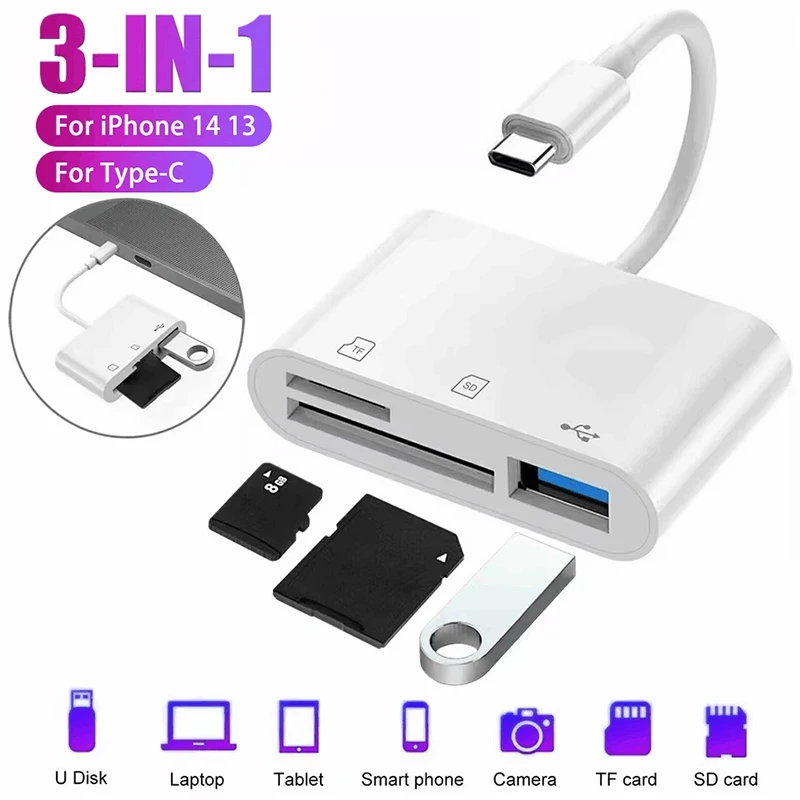 1-3PCS USB C OTG Adapter TF/SD Card Reader For iPhone for Samsung for Xiaomi Cell phone Accessories 3 in 1 USB C to A Connector