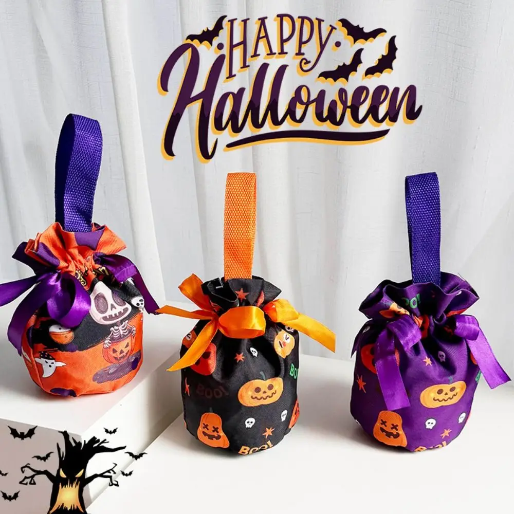 

Handheld Halloween Candy Tote Bag Portable Pumpkin Pattern Design Halloween Gift Handbag Drawstring/Snap Button Reusable