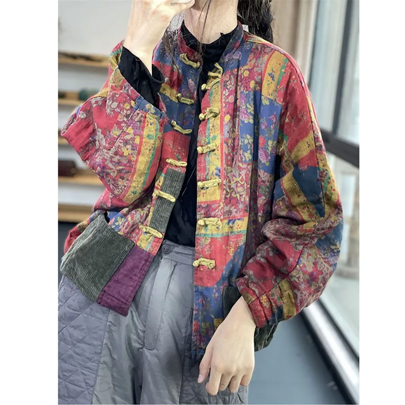 Corduroy Retro Printed Jacket For Women\'s Autumn And Winter 2024 New Cotton And Linen Cardigan for women\'s Chinese Style Button