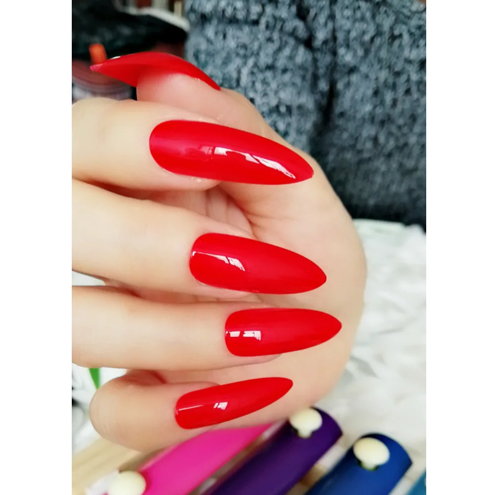 Extra Long Stiletto Red False Nails Tips Pointed Stilettos Press On Nails For Fingers Full Cover with Glue Sticker