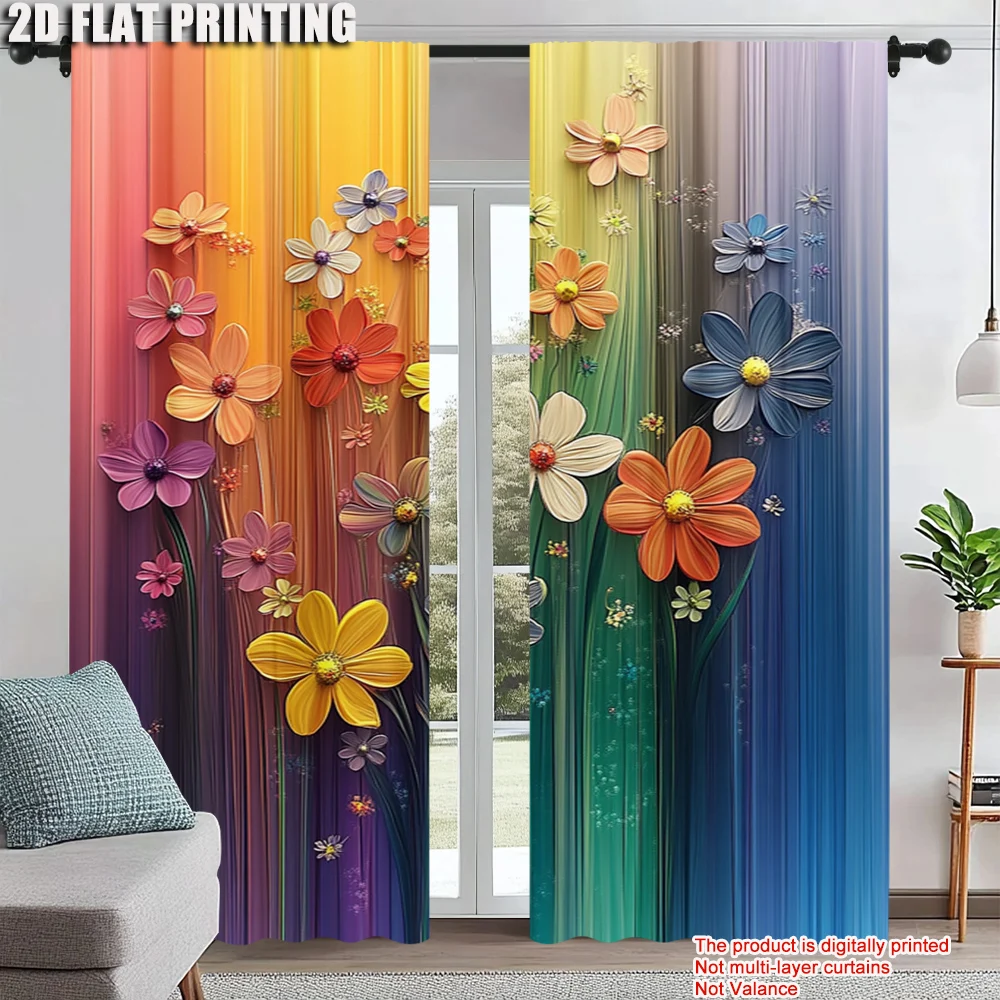 

2Pcs Artistic Floral Printed Window Curtains Polyester Material Rod Pocket Design Drapes For Bedroom Living Room Office