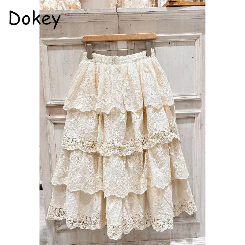Saia Longa Vintage com Bordado para Mulheres, Estilo Mori Girl Japonês, Multicamadas com Babados, Cintura Alta, Saia de Festa em A, Faldas Mujer Saias Jupe