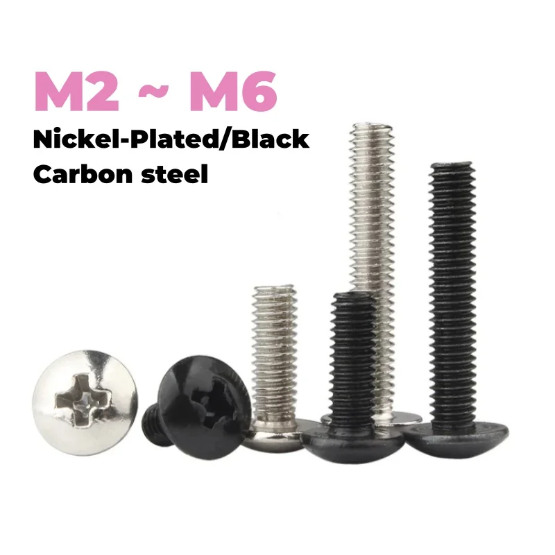 Nickel-Plated/Black M2 M2.5 M3 M4 M5 M6 Cross Mushroom Head Large Flat Round Head Screw Bolt Length 3~50 mm