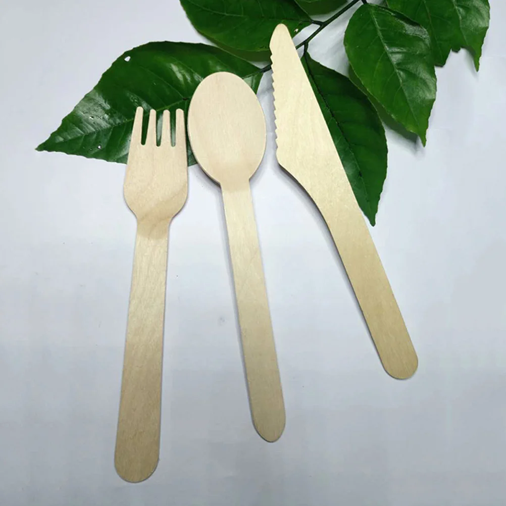 200pcs Wooden Tableware Forks Spoons Cutters Set Disposable Wood Cutlery Utensils Tableware Supplies for Dinner Camping BBQ