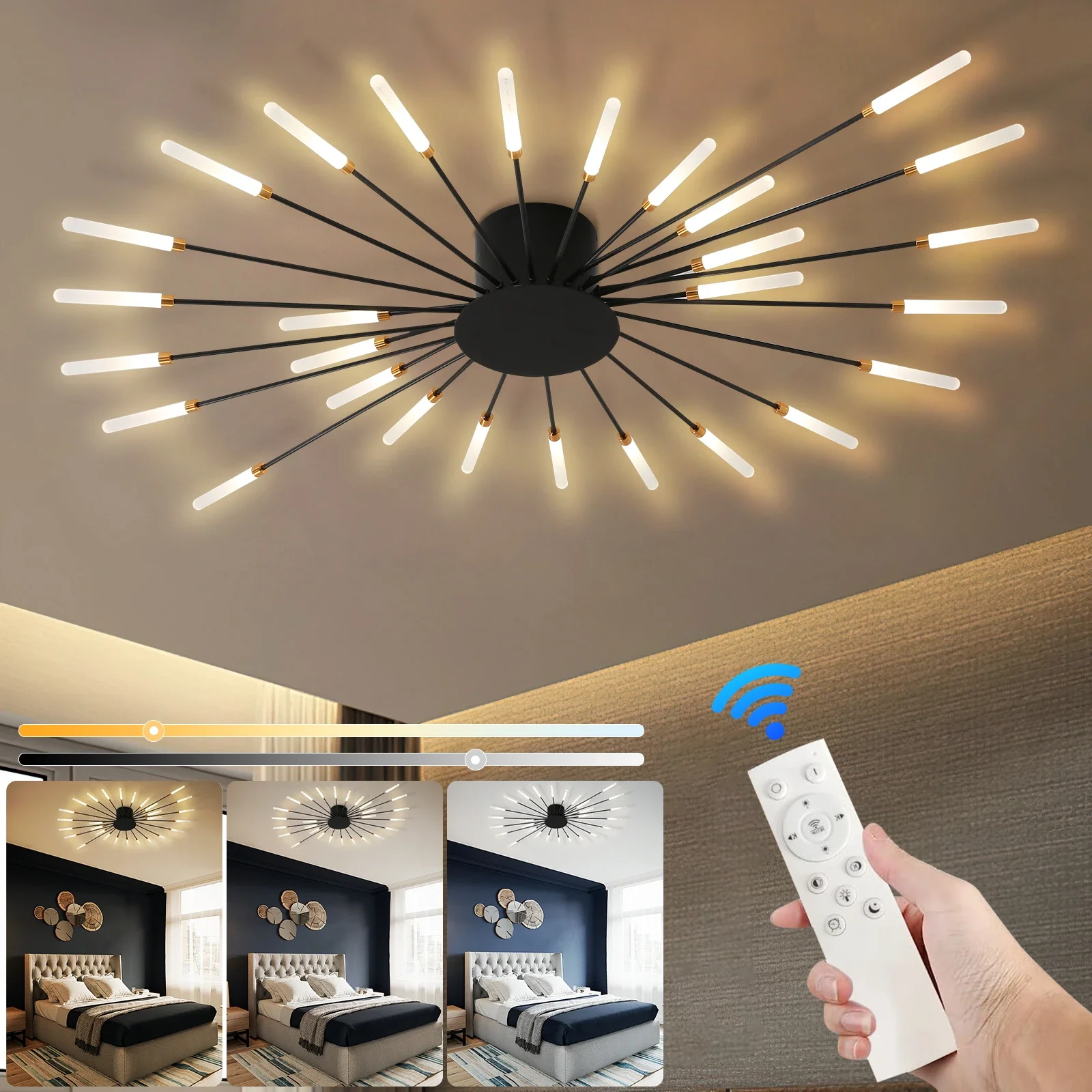 

28-Light 3-Color Stepless Dimming LED Chandelier: A Modern Firework-Shape Ceiling Lamp Ideal for Living Room and Bedroom