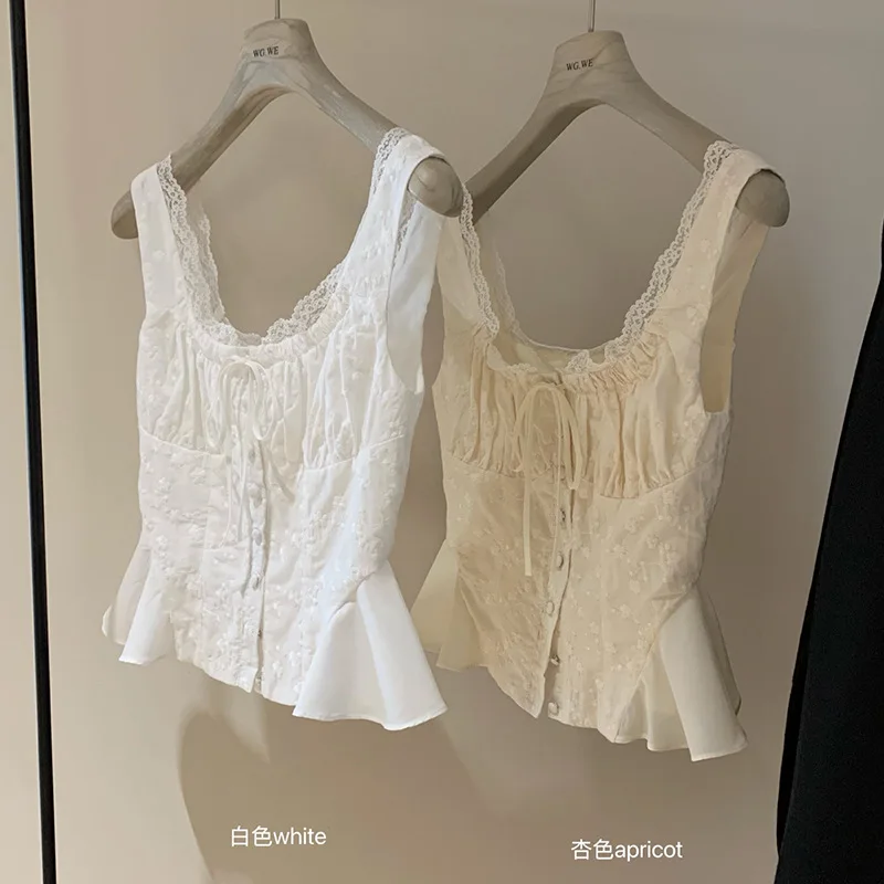 

Apricot Spliced Lace Bow Ruched Chest Embroidery Sexy Corset Women Summer Tank Tops Pleated Slim Through Buttons Crop Top