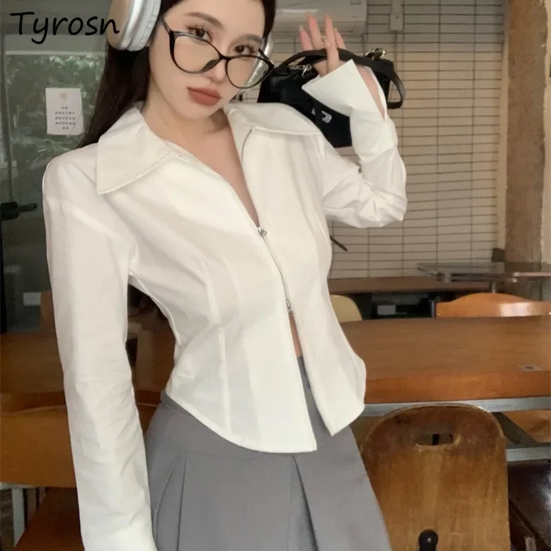 Long Sleeve Shirts Women Slim Short Zipper Basic All-match Chic Sexy Hot Ulzzang Female Design Spring Autumn Tops Minority Mujer