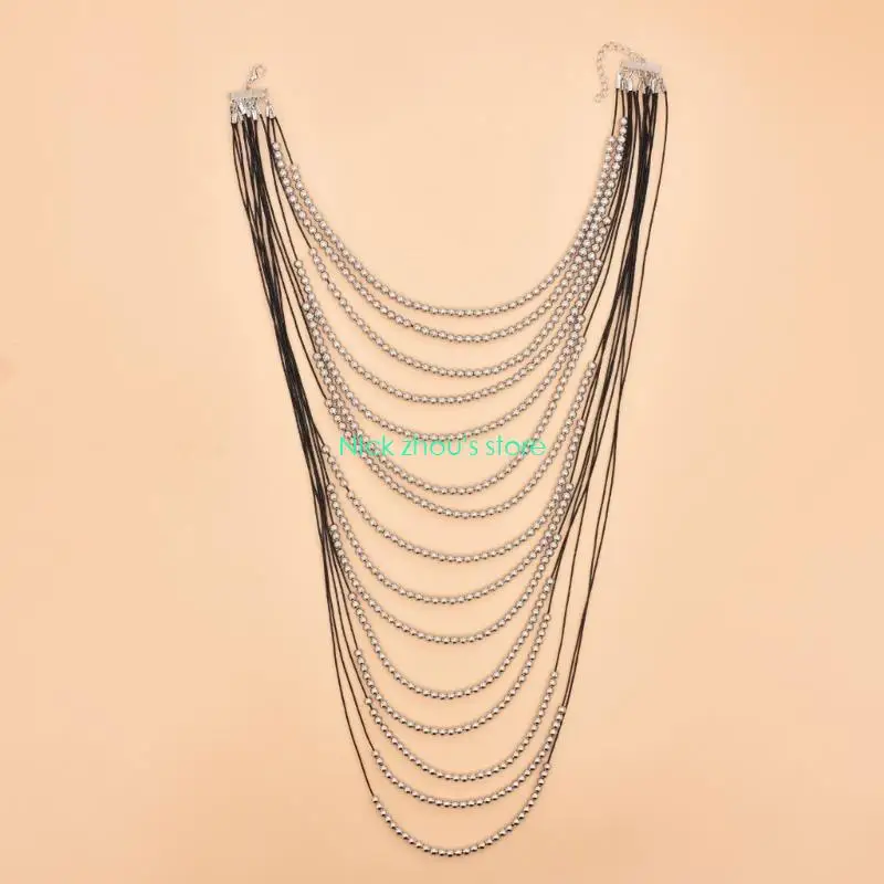 E15E Long Statement Necklace Waterfall Multi Strand Neckchain Fashionable Clavicle Chain Accessory for Dress Prom Party