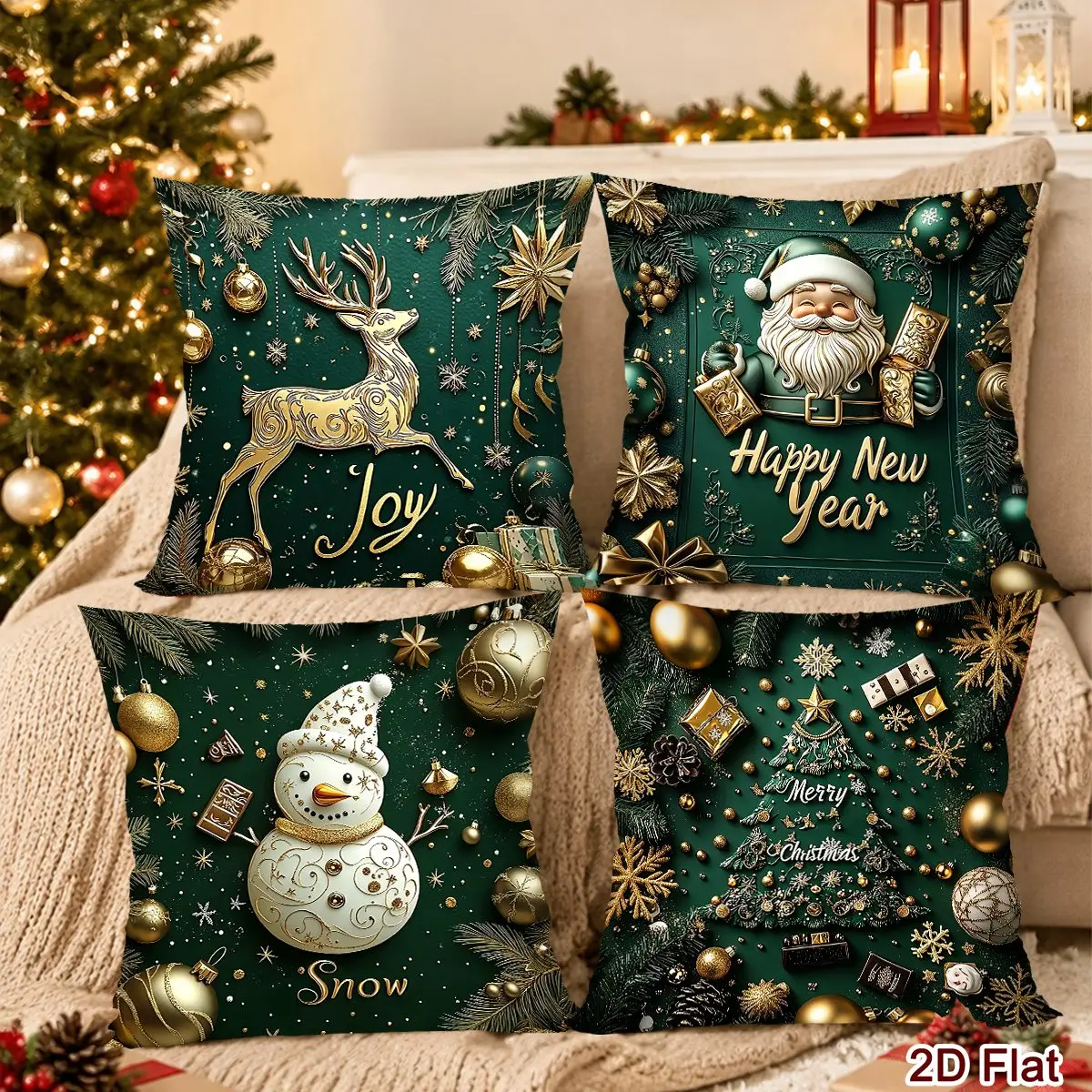 4pcs Green Christmas Pillow Covers Santa Snowman Cushion Covers Christmas Decor for Home Sofa Happy New Year Party Supplies