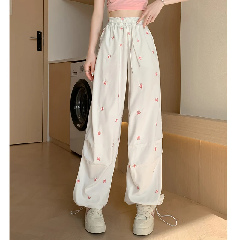 Retro Elastic Waist Embroidered Wide Leg Trousers High Waist Fashion Loose Casual White Cargo Pants Pocket Pants Female 2024 New