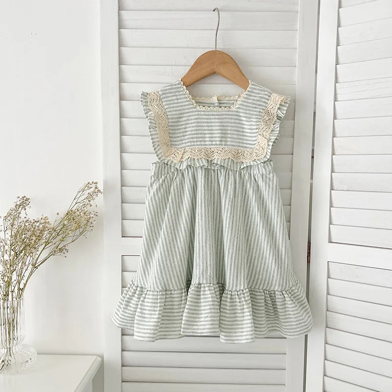 فساتين صيفية مخططة للفتيات الصغيرات منقوشة بأكمام طائرة فستان حفلات أعياد الميلاد للأطفال ملابس أنيقة مكشكشة ملابس بناتي قطنية