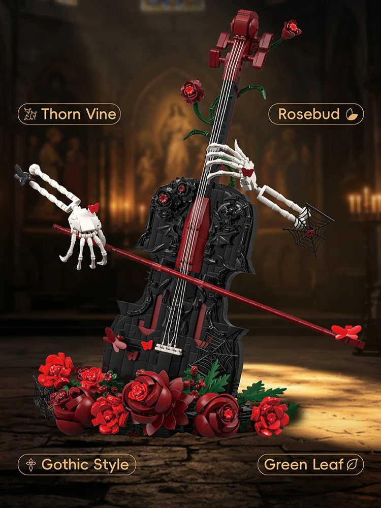 Idea Rote Rose Baustein „Lost Rhyme Chord Song“ Cello Lernspielzeug Skeletthand Konstruktionsbaustein-Sammlung für Geschenke – Detail 7