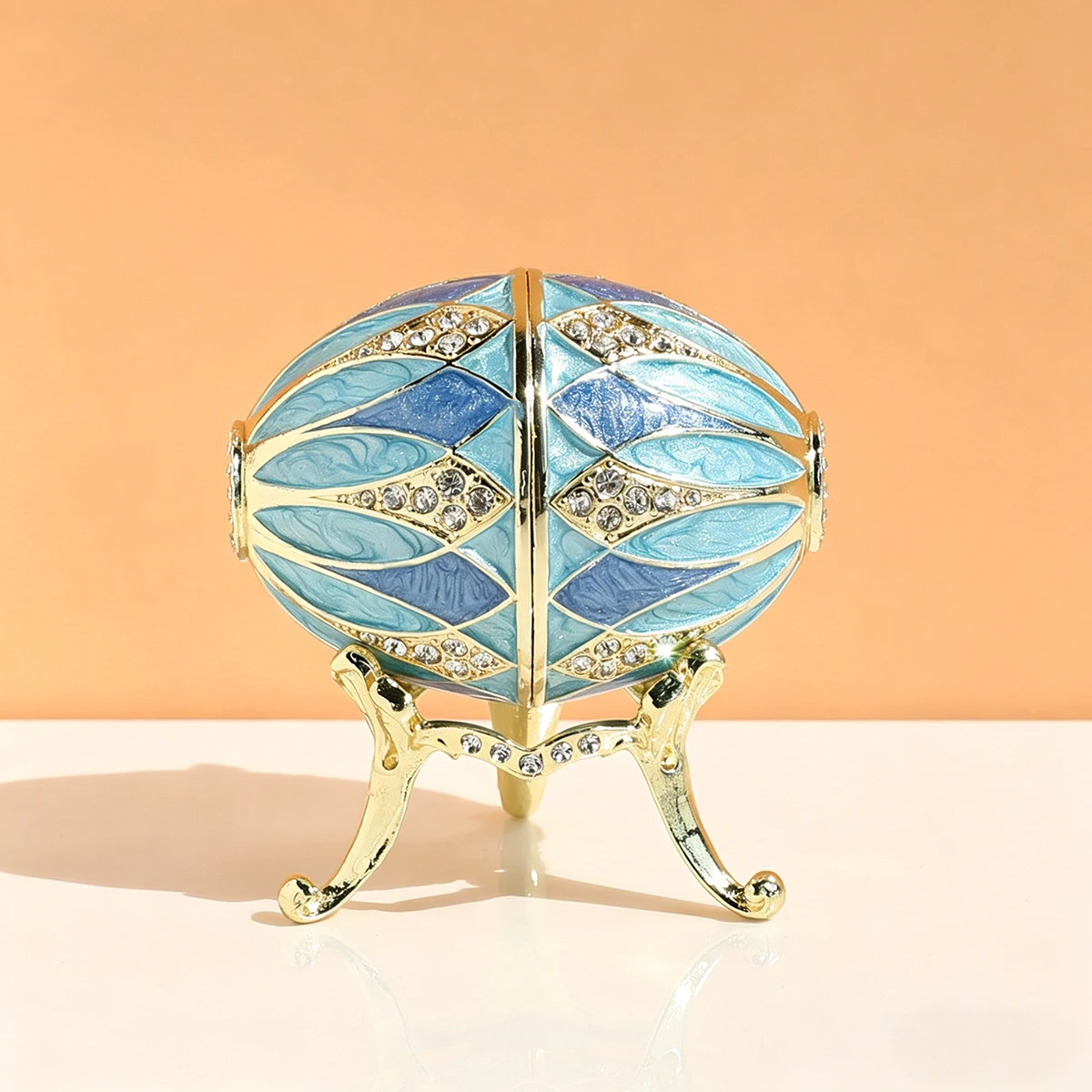 Luxury Blue Pink Enamel Faberge Egg Jewelry Box, Gold Plated Crystal Trinket Box, Vintage Organizer Gift for Women