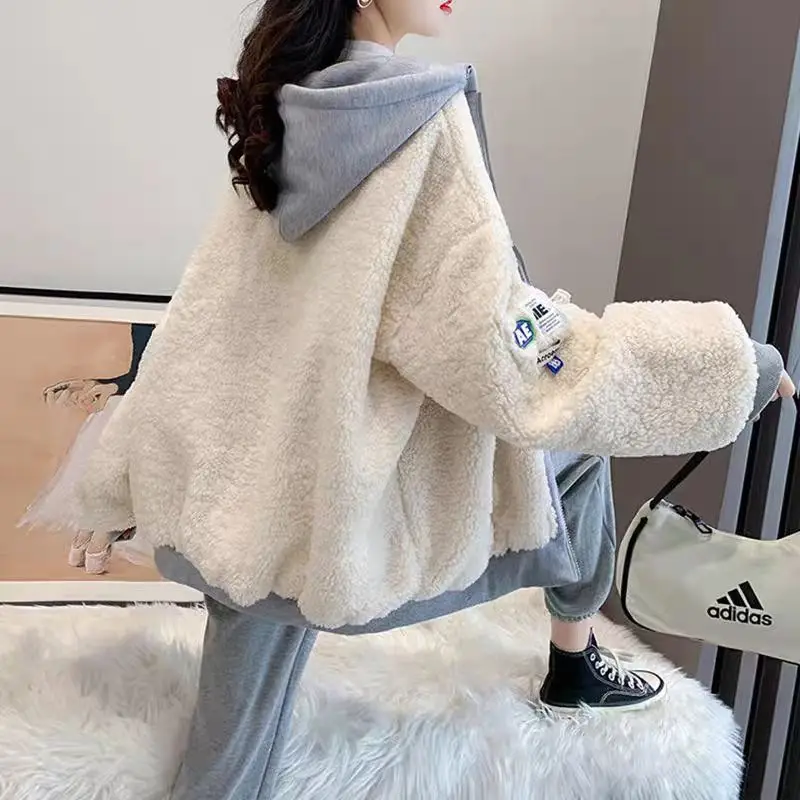 Hooded Faux Fur Jackets Zipper Short White Patchwork Furry Jackets Fluffy Street Loose Faux Lamb Plush Coats Warm Thick 2025 New view 2