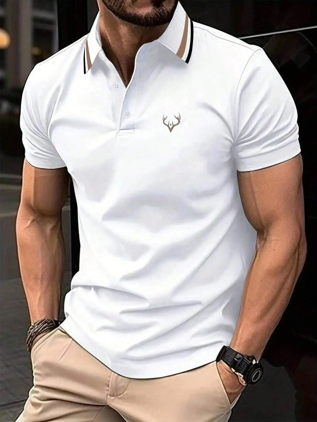 

Men's White Short Sleeve Polo Shirt with Striped Collar Trim, Casual Summer Wear