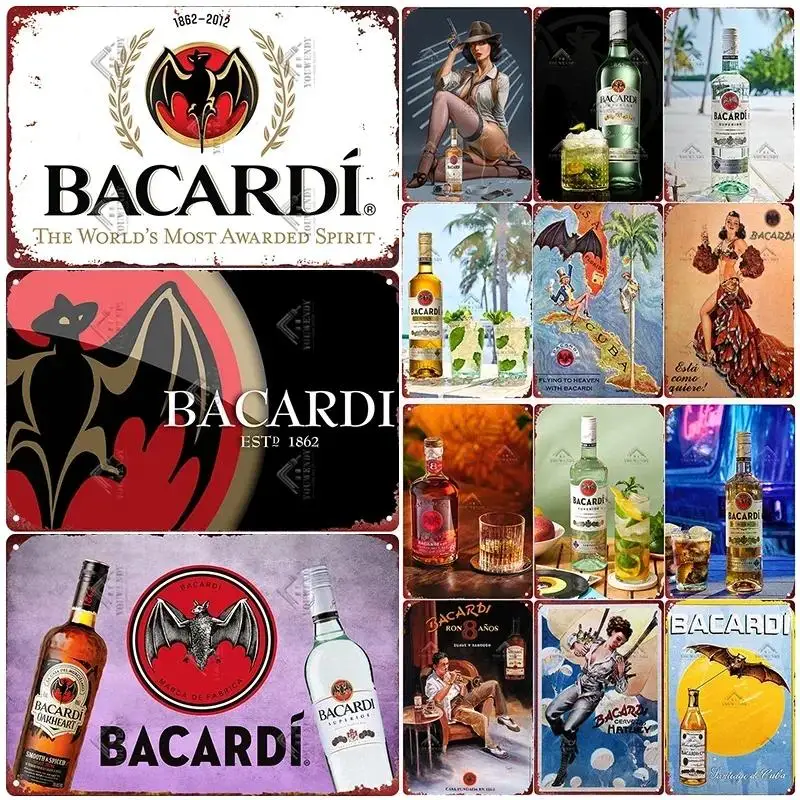 Letrero Metálico Retro Bacardi, Placa de Metal de la Marca de Ron, Placas Vintage, Decoración de Pared, Póster, Bar, Decoración Shabby Chic para Cuarto de Hombre