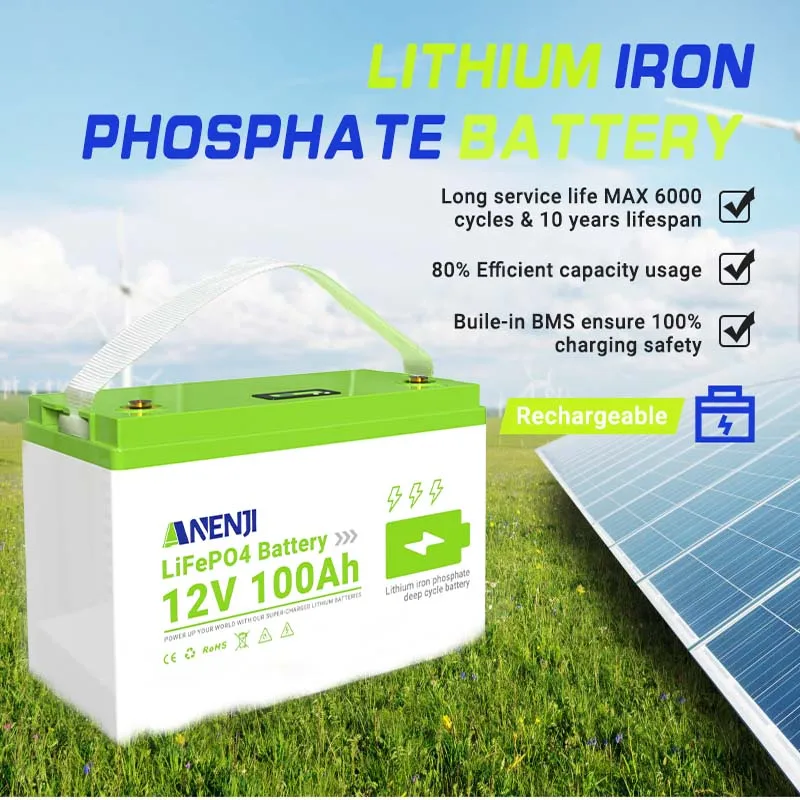 ANENJN baterai Lifepo4 12V, baterai surya 100AH paket baterai Lithium bawaan BMS 6000 siklus untuk penyimpanan energi rumah