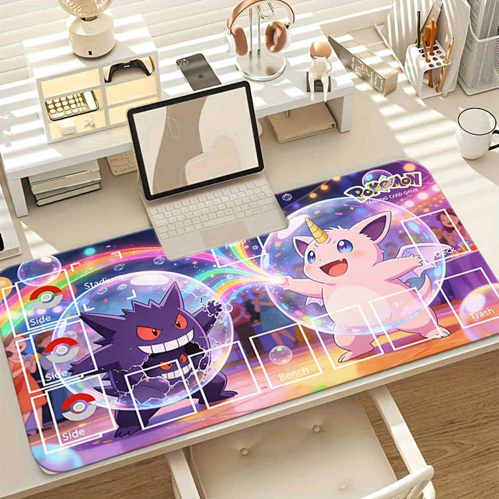 Pokemon Gengar Clefable Rainbow Bubble Stage TCG Playmat, Non-Slip Rubber Base Washable Cloth Surface Large Gaming Mouse Pad