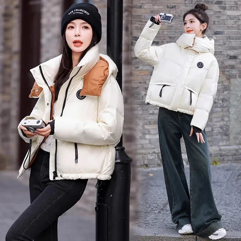 Contrast Down Cotton-Padded Jacket Women Short Hooded Winter 2025 New Warm Cotton Padded Coat Bread Coat Hooded Outerwear Female