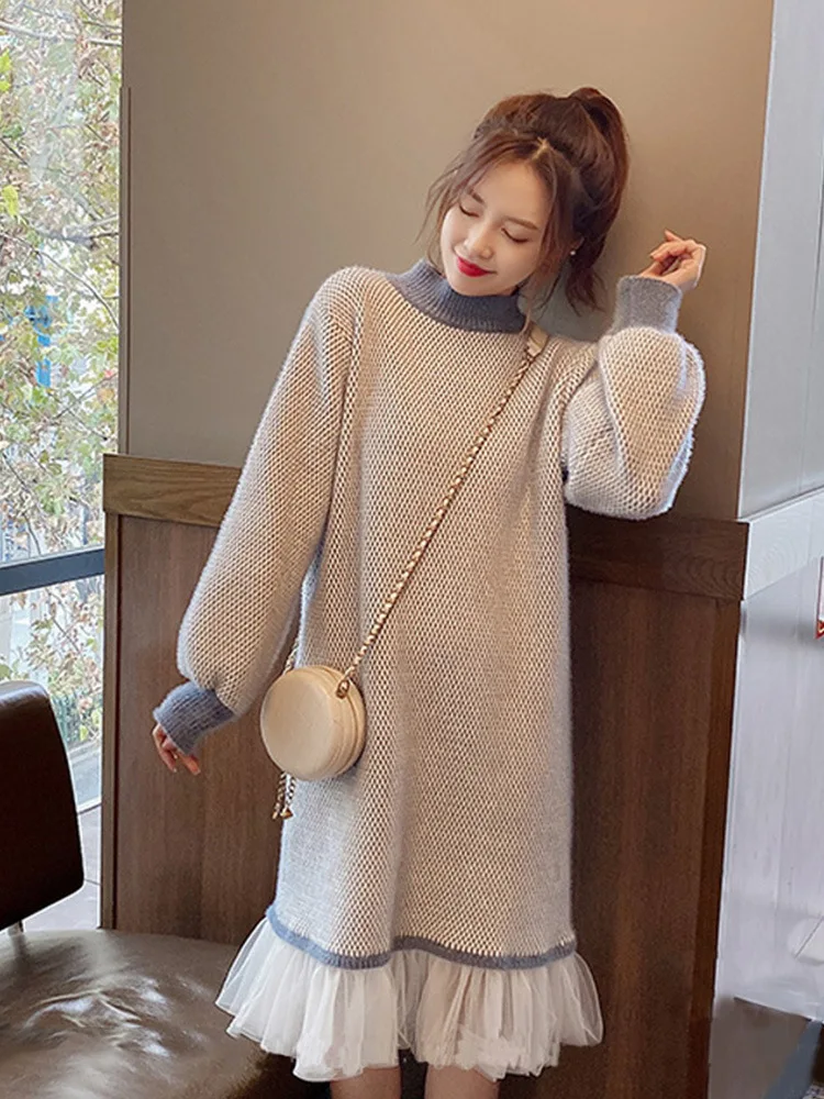 New Haute Couture French Long Women's Sweater Temperament High Necked Dress Women's C86