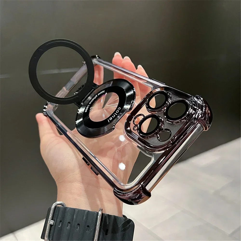 Luxury Plating Shockproof Magnetic Bracket Magsafe Clear Case for iPhone 16 15 11 12 13 14 Pro Max Plus With Holder Stand Cover