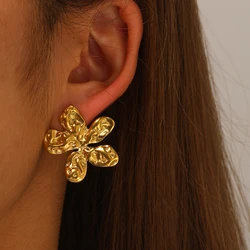 Stainless Steel Earrings Fresh Elegant Vintage Botanical Flower Concave Glossy Stud Earrings For Women Jewelry Everyday Wear