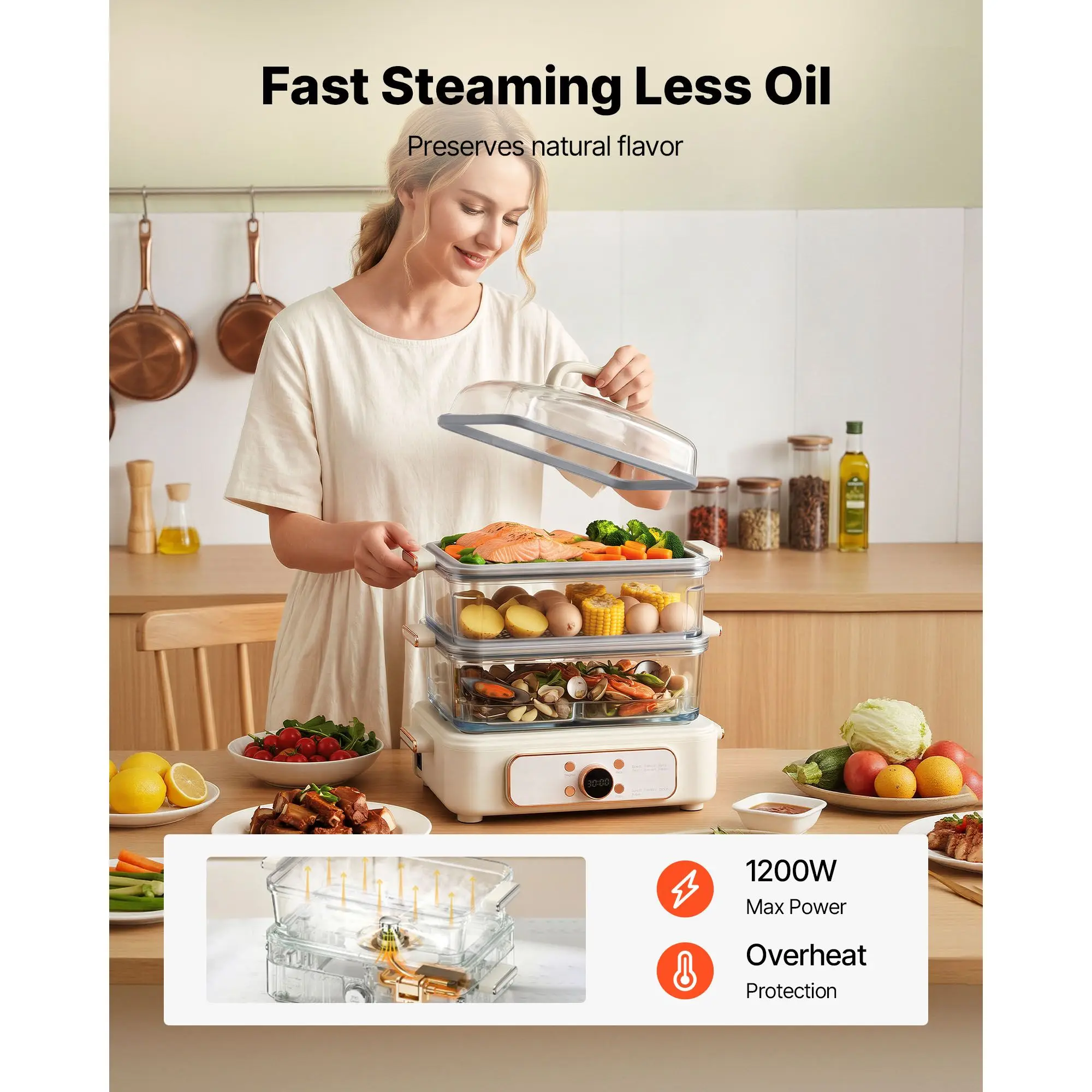 Electric Food Steamer 10.6 QT Glass with 3-Tier Stainless Steel Trays, 1200W Vegetable for Cooking, 2-4 Servings, Pre-Programmed