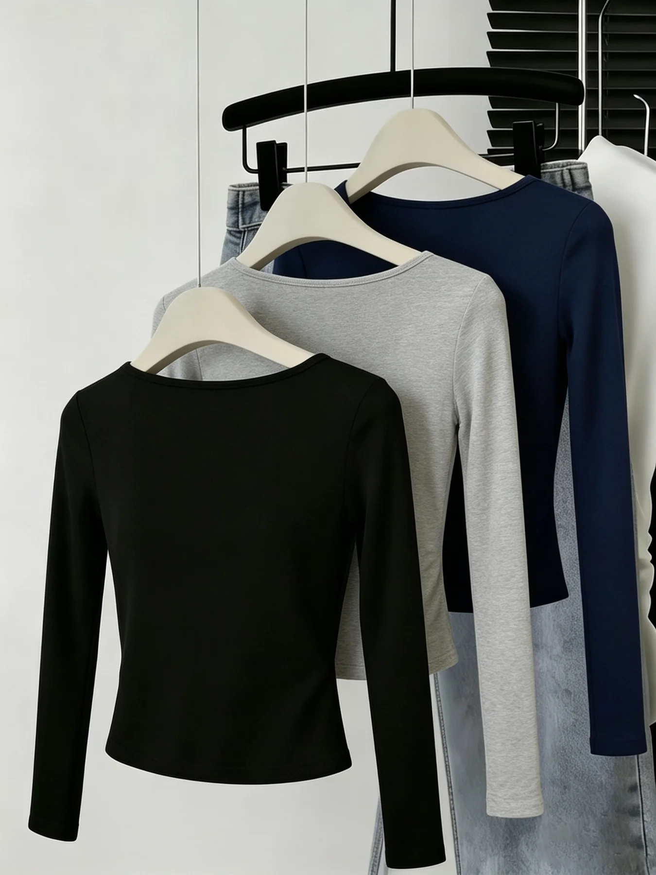 Women's 3-Piece Casual Comfortable Square Neck Solid Color Long Sleeve T-Shirt Top Set
