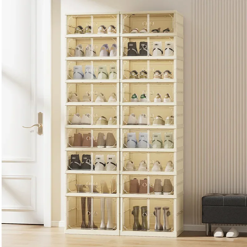 Household shoe cabinet storage double-row multi-function transparent magnetic attraction-free installation storage box foldable
