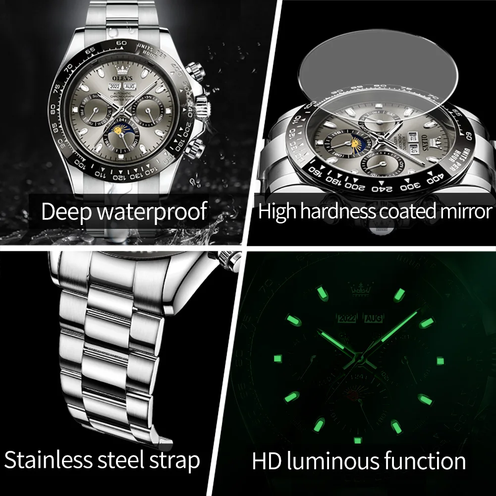 Olevs Hoge Kwaliteit Herenhorloges Multifunctioneel Volautomatisch Mechanisch Horloge Roestvrij Stalen Band Mode Waterdicht Horloge