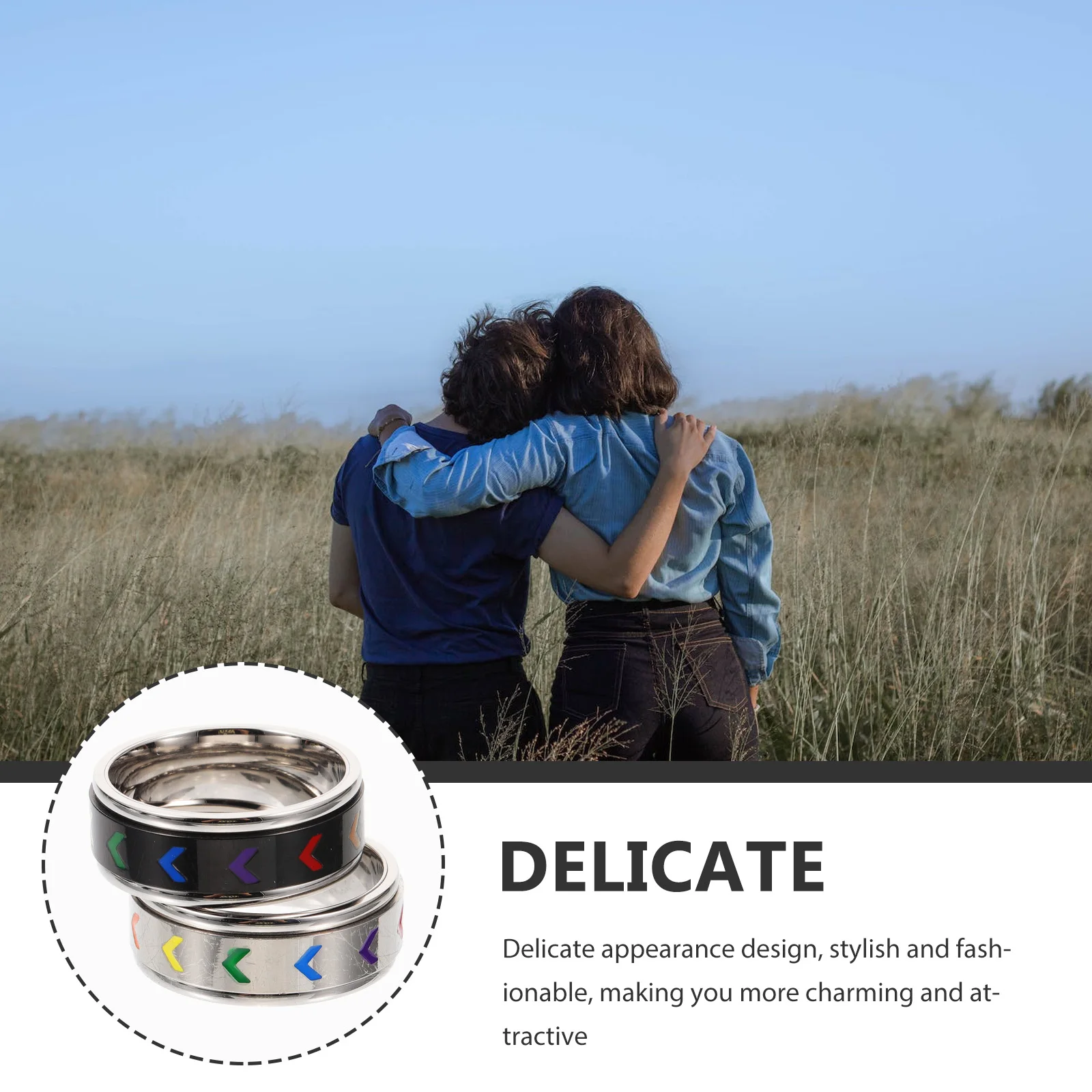 

2pcs Stainless Steel Rainbow Ring Jewelry For Women Men Pride Decorative Fashionable Anti-Rust Durable Rings Party Ball