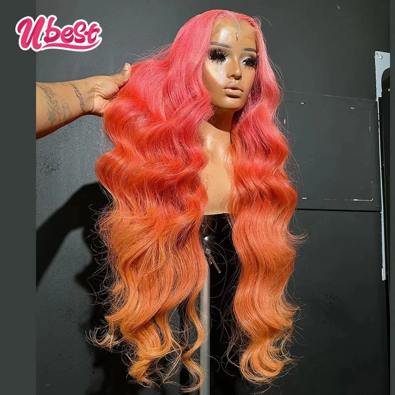 Ombre Peach Pink Colored Body Wave 13x6 Lace Front Wigs Brazilian Hair Transparent  200% Density 100％ Human Hair Wigs For Women