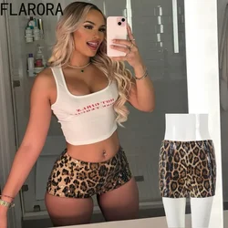 FLARORA Moda Leopar Baskı Payetler Şort Kadın Yüksek Bel Slim Fit Mini Dipleri Seksi Kadın Clubwear Y2K Sokak Giyim