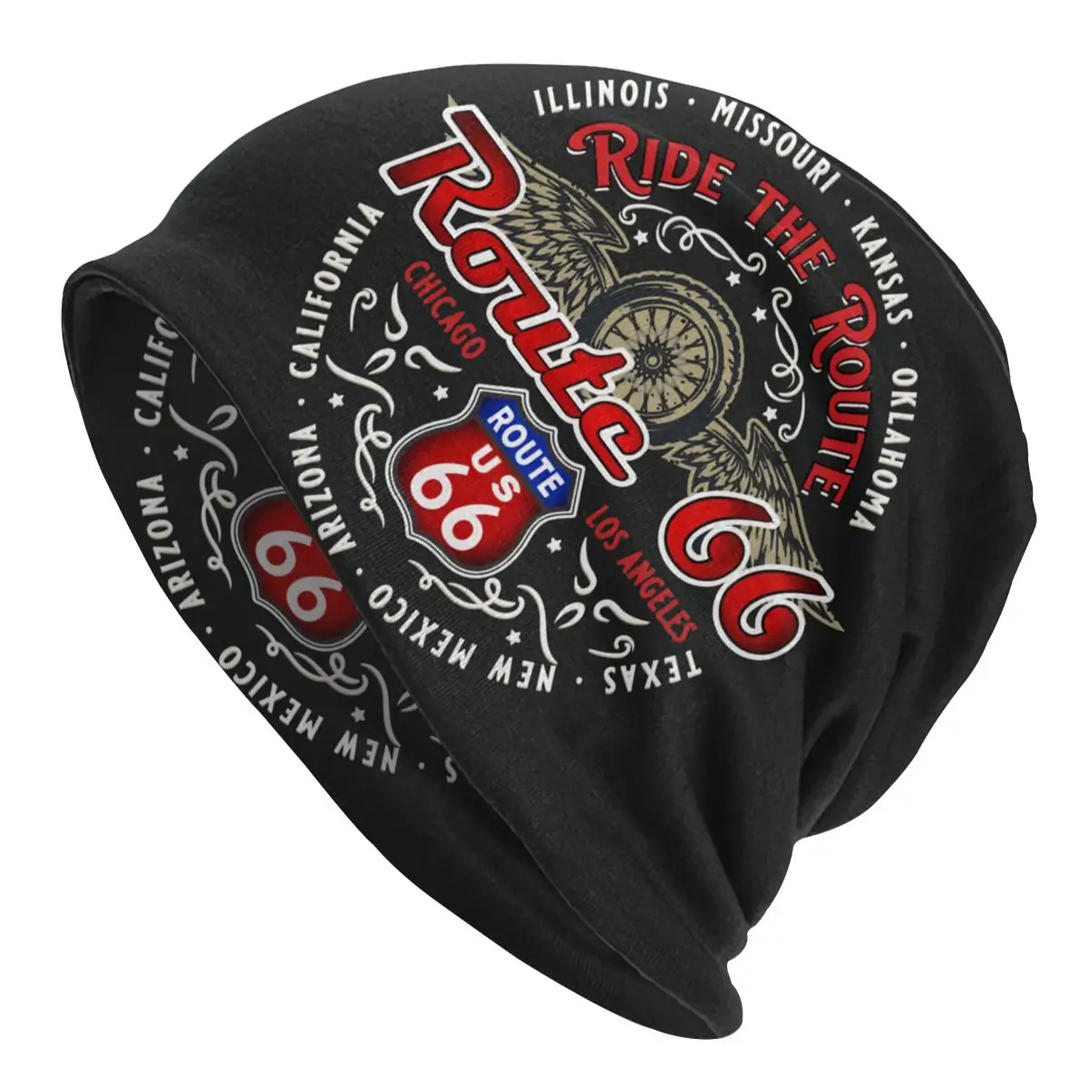 

Ride The Route Motorcyle Bikers America's Highway Route 66 Women's Beanies Caps Printed Pullover Chemotherapy Pile Outdoor Hats