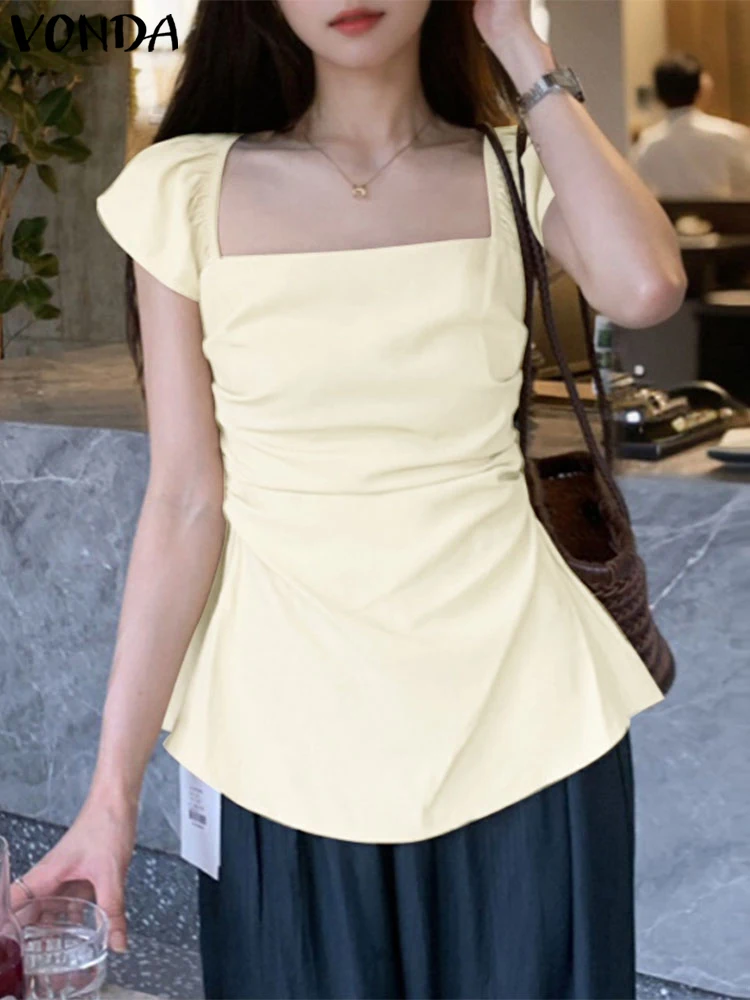 

VONDA Summer Tops Sleeveless Solid Color Women Blouses Tanks Square Collar Pleated Camis Women's Clothing Streetwear Oversize
