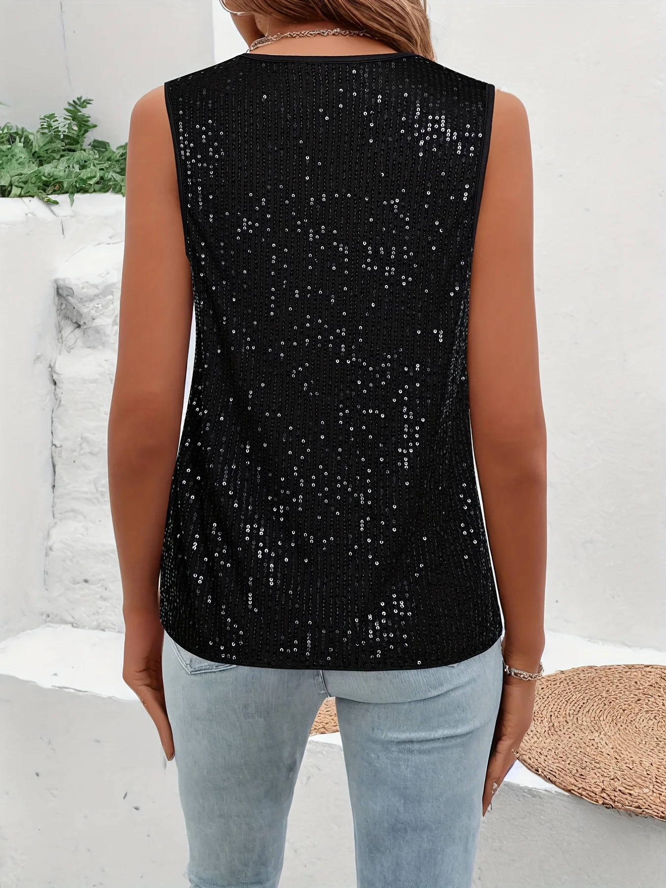 Plunging Neck Sequin V Neck Tank Top, Casual Summer Sleeveless Top, Women\'s Clothing