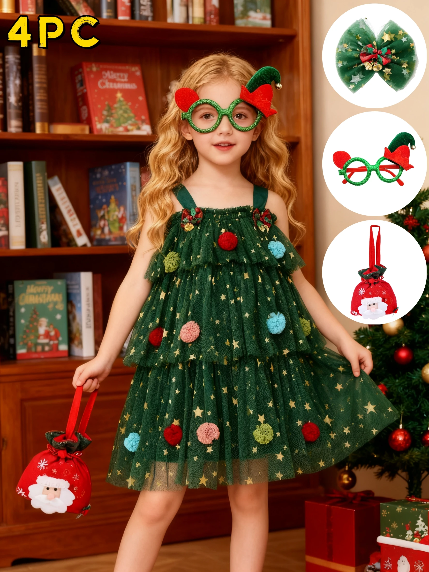 

Новое рождественское платье для девочек, зимняя сетчатая юбка без рукавов с зеленой звездой, украшение в виде банта, сумка для заколок для волос, комплект очков, От 3 до 10 лет