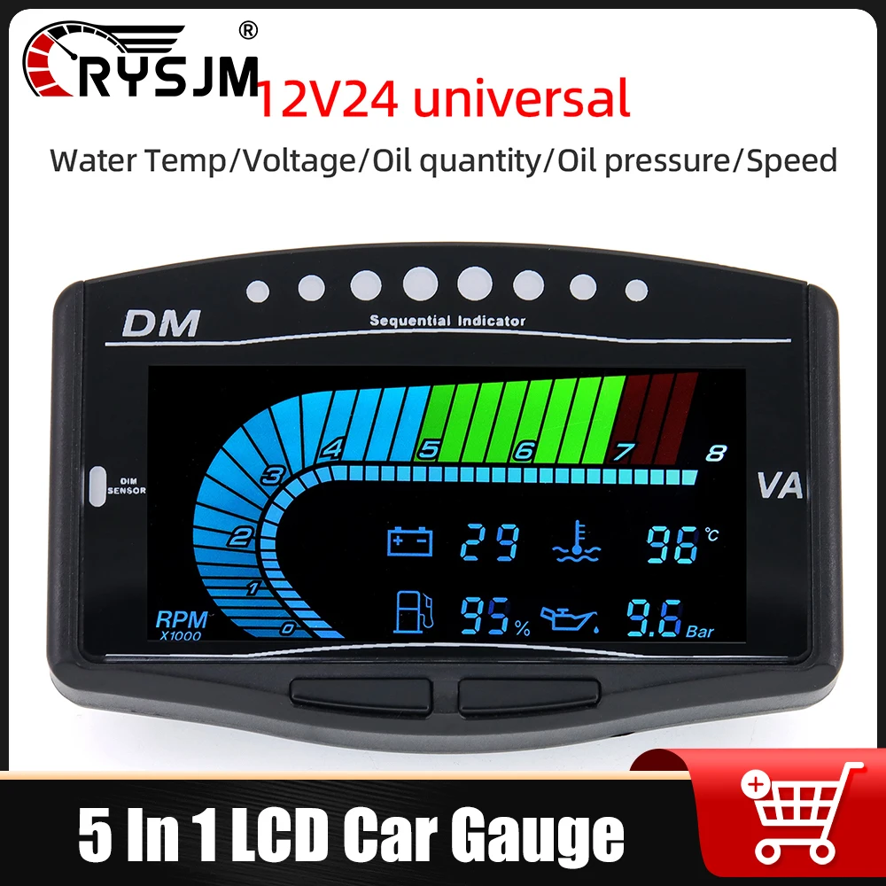 

RYSJM 5 In 1 LCD Digital Car Gauge RPM Tachometer Fuel Level Oil Pressure Voltmeter Water Temperature For 12V24V Car Universal