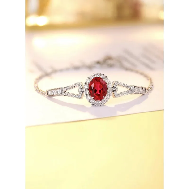 Ruihe New 925 Silver 2.34ct Lab Grown Ruby with White Cubic Zirconia Bracelet for Women Gemstone Jewelry Couple Bracelet Jewelry