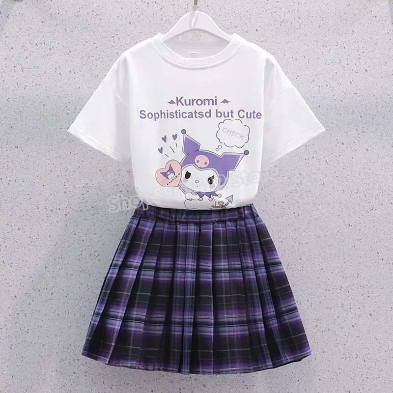 Kuromi Girls t-shirt spódnice zestaw dla dzieci butikowe ubrania letnie stroje dziecięca sukienka odzież garnitur fioletowa czarna plisowana spódnica